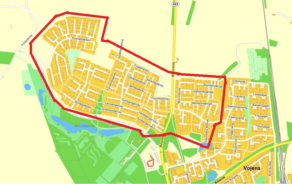 De berørte områder for fjernvarmelukningen i Vojens Grafik: Vojens Fjernvarme